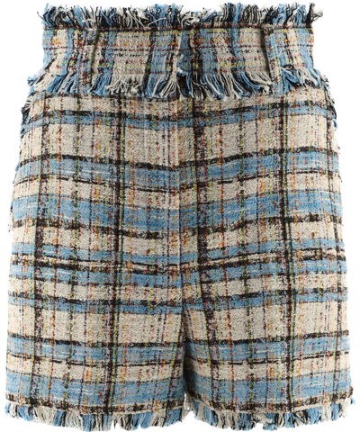 Msgm Tweed Fringe Check Shorts In Light Blue