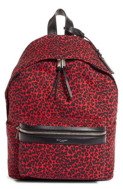 Saint Laurent Mini City Leopard-print Canvas Backpack In Rouge Nero