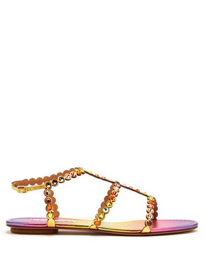 Aquazzura Tequila Ombr Swarovski Crystal-embellished Leather Flat Sandals In Gold,purple,yellow