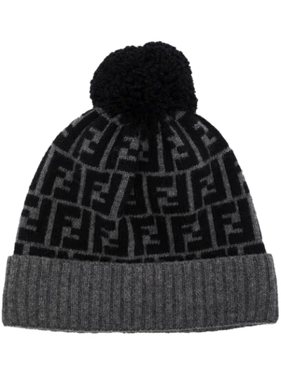 Fendi Jacquard Ff-logo Wool Beanie In Grey