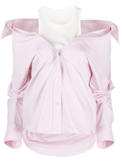 Alexander Wang T Off-shoulder Button-down Shirt W/ Inner Tank & Emb In Pink