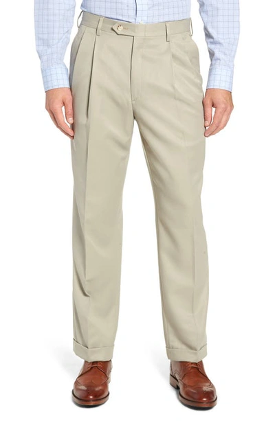 Berle Classic Fit Pleated Microfiber Performance Trousers In Taupe