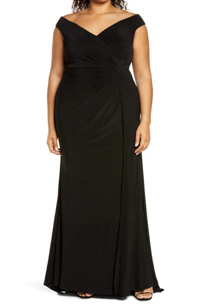 La Femme Jersey Ruched Trumpet Gown In Black