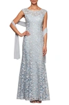Alex Evenings Floral Embroidered Evening Gown With Wrap In Light Blue