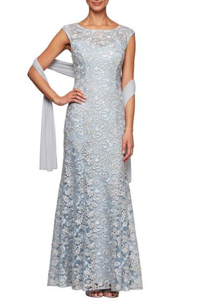 Alex Evenings Floral Embroidered Evening Gown With Wrap In Light Blue