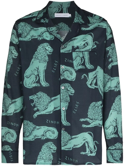 Desmond & Dempsey Circe Lion Print Pyjama Shirt In Blue