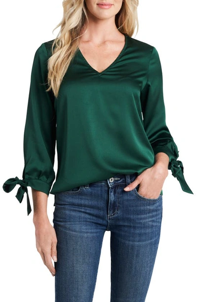 Cece Tie Cuff Satin Top In Alpine Green