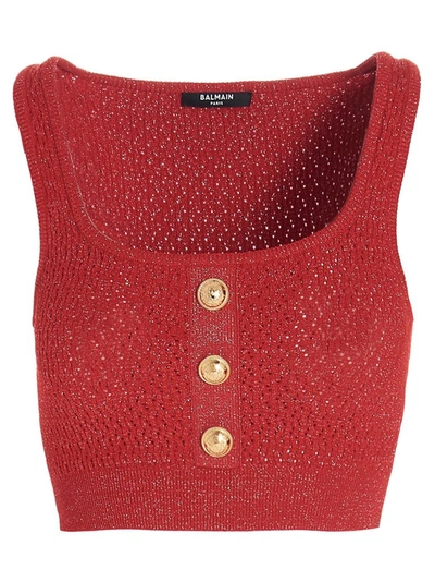 Balmain Buttoned Knitted Crop Top In Red