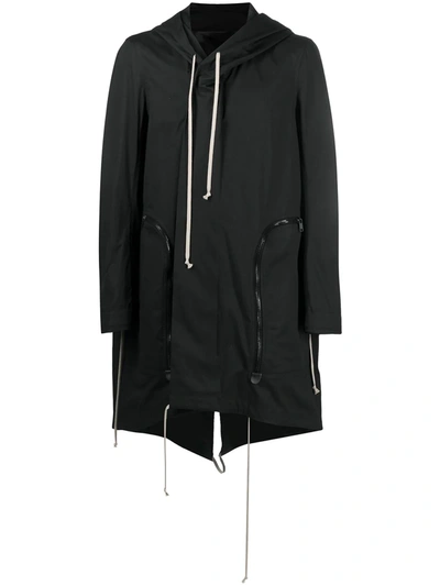 Rick Owens Fishtail 中长连帽派克大衣 In Black