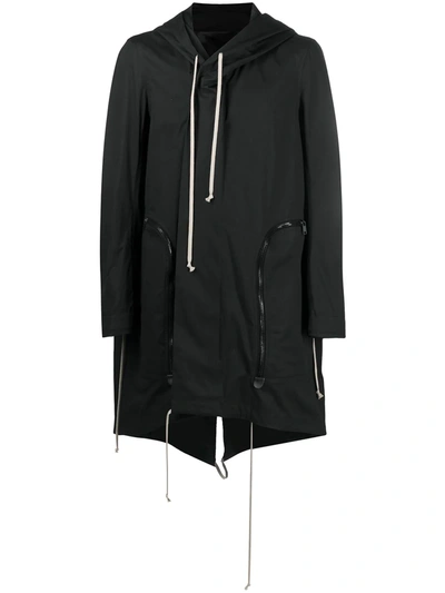 Rick Owens Fishtail Hooded Mid-length Parka In Black
