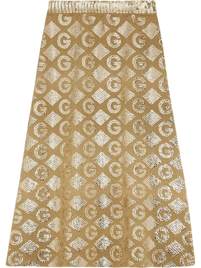 Gucci Logo Embroidered Jacquard Lamé Skirt In Gold