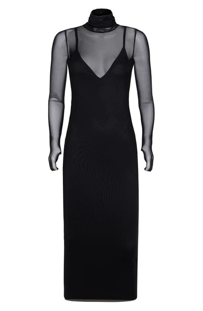 Afrm Shailene Sheer Long Sleeve Dress In Noir