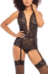 Oh La La Cheri Maxine Galloon Lace Open-back Garter Teddy In Black