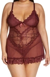 Oh La La Cheri Plus Size Soft Cup Lacey Babydoll With Bows And G-string In Zinfandel