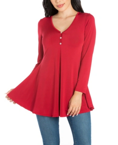 24seven Comfort Apparel Women's Flared Long Sleeve Henley Tunic Top In Dark Red