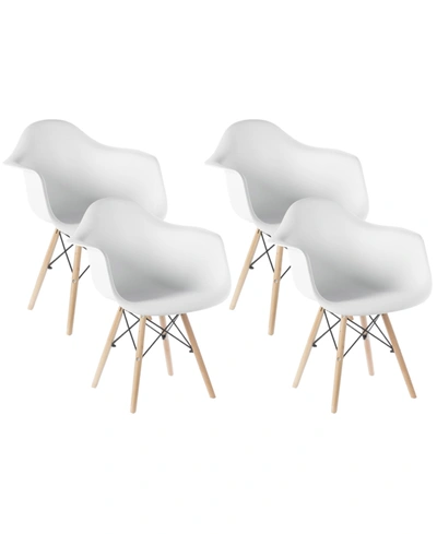 Bold Tones Mid-century Modern Style Plastic Shell Dining Arm Chair With Wooden Dowel Eiffel Legs, Set Of 4 In White