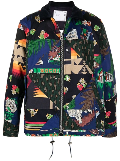Sacai Archive Print Patchwork Zip Up Jacket In Multicolor