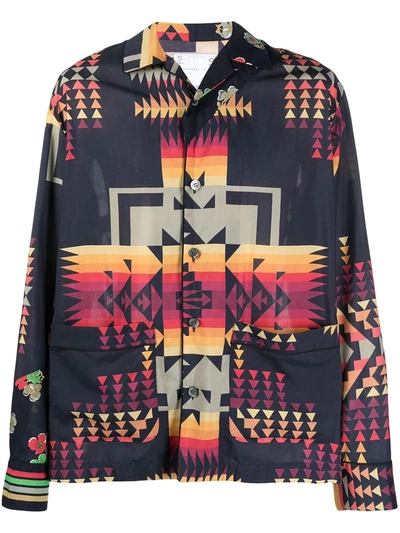 Sacai Geometric-print Long-sleeve Shirt In Multicolor