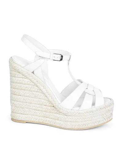 Saint Laurent Tribute Leather Espadrille Wedge Sandals In Porcellana