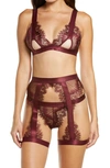 Oh La La Cheri Open Cup Bralette, High Waist Panties & Suspenders Set In Zinfandel