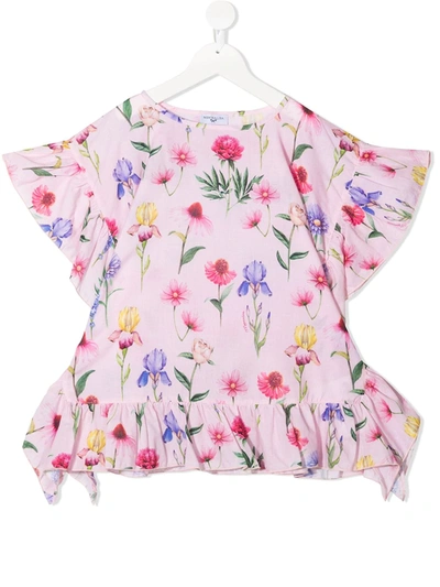 Monnalisa Kids' Floral-print Cotton T-shirt In Rose