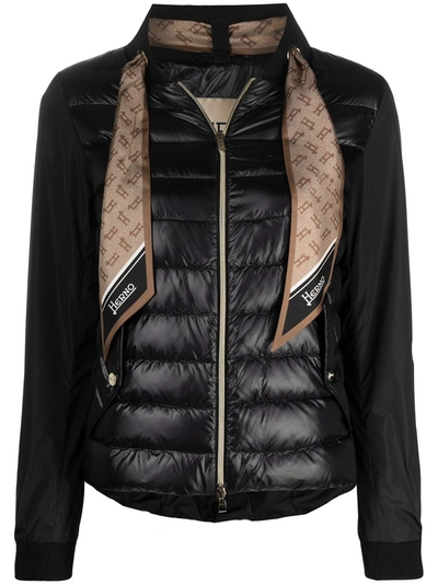 Herno Black Nylon Down Jacket With Scarf Detail