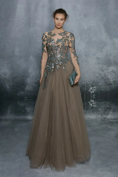 Tarik Ediz Boris Long Sleeve Tulle Embroidered Gown