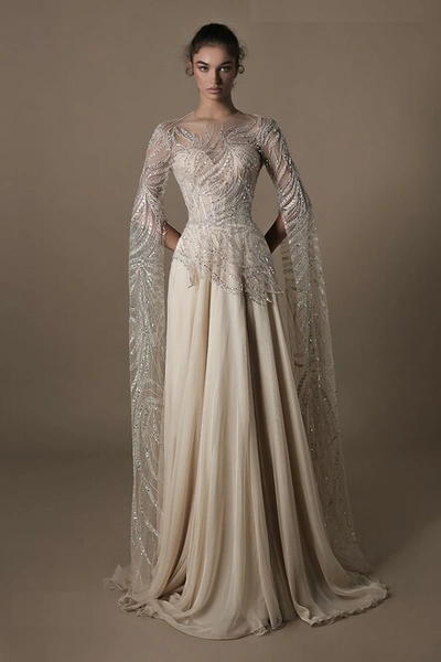 Tarik Ediz Latino Long Cape Sleeve Embroidered Gown