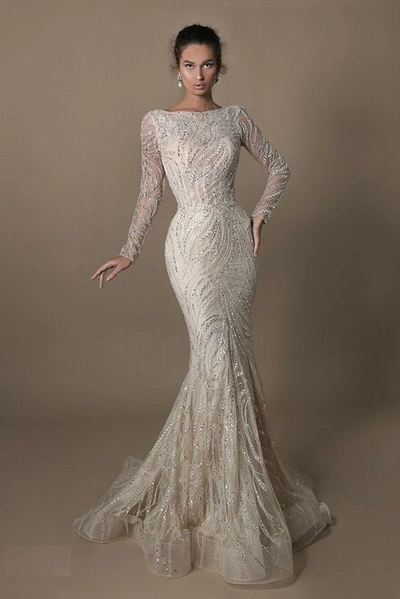 Tarik Ediz Palm Long Sleeve Embroidered Gown