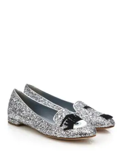 Chiara Ferragni Flirting Wink Glitter Flats In Silver