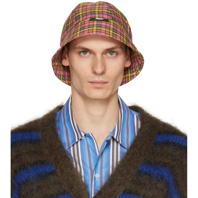 Msgm Yellow & Pink Check Print Cloche Bucket Hat In Multicolor