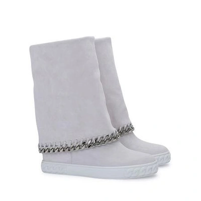 Casadei 90mm Suede Chained Wedge Boots, White