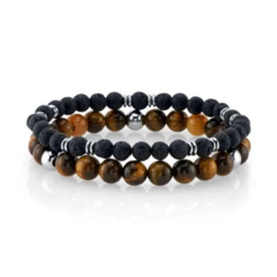 He Rocks Tiger Eye Stone And Black Lava Bead Double Bracelet With Stainless Steel Beads, 8.5" In Black/brown/stainless Steel