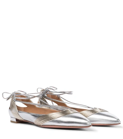 Aquazzura Ari Metallic Ankle-wrap Ballet Flats In Silver