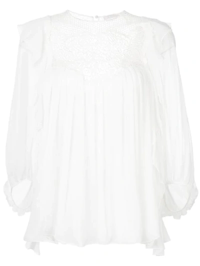 Chloé Ruffled Guipure Lace-paneled Silk-crepon Blouse In White