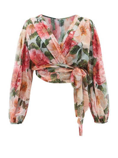 Dolce & Gabbana Camelia Floral-print Silk Wrap Blouse In Multicolor