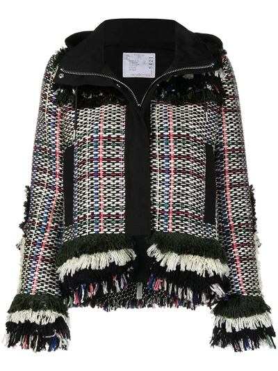 Sacai Fringed Canvas-trimmed Tweed Jacket In Gray