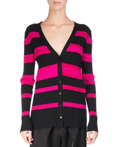 Proenza Schouler Ultrafine Striped Knit Cardigan, Pink/black