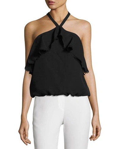 Alice And Olivia Alice + Olivia Monet Ruffled Silk Halter Top In Black