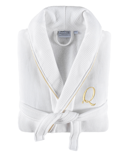 Linum Home Textiles 100% Turkish Cotton Unisex Personalized Waffle Weave Terry Bathrobe With Satin Piped Trim In White Q