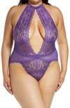 Oh La La Cheri Plunge Keyhole Lace Teddy In Tillandsia Purple