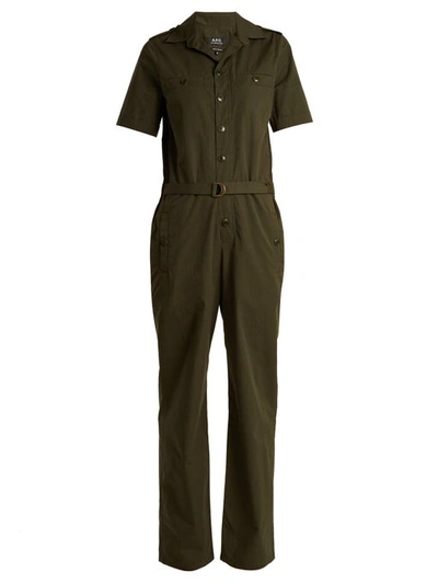 Apc Gina Short-sleeved Cotton Jumpsuit In Vert Fonce