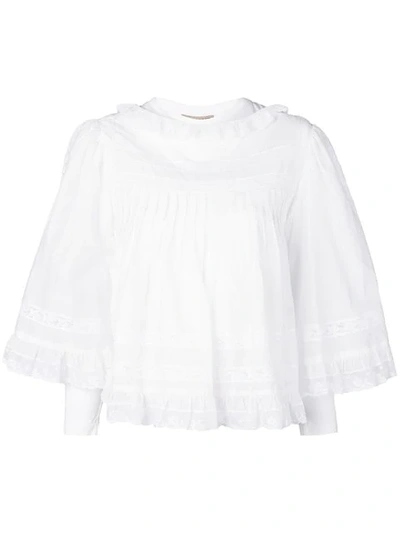 Burberry Lace Detail Ruffle Cape Overlay Long-sleeve Cotton Top In Natural White