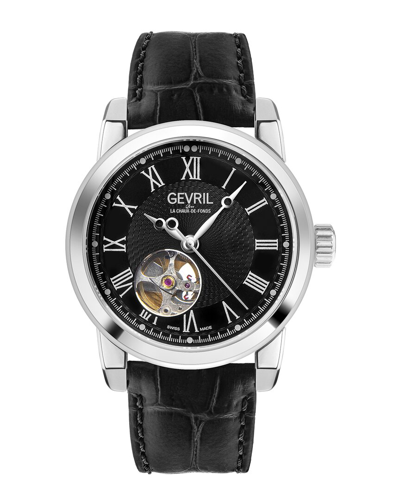 Gevril Men's Madison Swiss Automatic Stainless Steel & Leather Strap Watch In Black