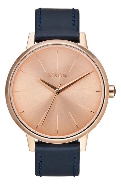Nixon 'the Kensington' Leather Strap Watch, 37mm In Navy/ Rose Gold