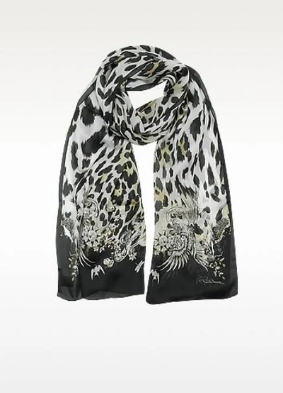 Roberto Cavalli Natural Black Pattern And Leopard Print Silk Stole
