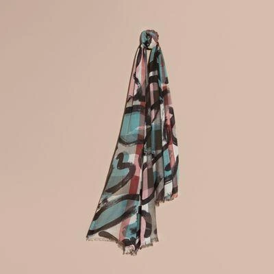 Burberry Painterly Print Check Modal, Silk And Cashmere Scarf In Stone/pale Peridot Blue