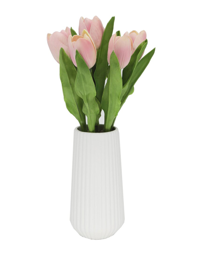 Flora Bunda Real-touch Tulips In 8in Ceramic Vase In Pink