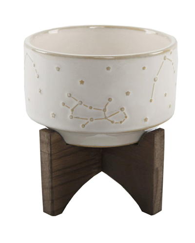 Flora Bunda 4in Constellation Ceramic Pot On Wood Stand In Ivory