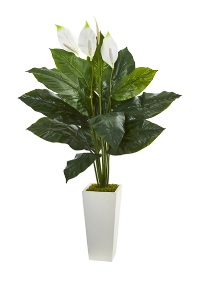 Nearly Natural 51" Spathiphyllum Artificial Plant In White Tower Planter In Green